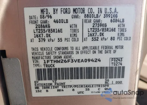 1997 Ford F-250 Xl из США, поврежденный, VIN 1FTHW26F3VEA09424